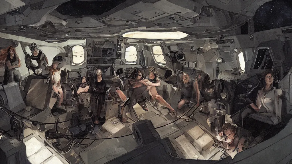 Prompt: all - female crew in a minimalistic, dark ( spaceship ), by jon foster.