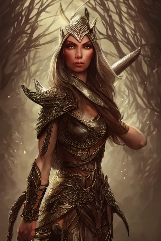 Image similar to female elven warrior blessed by the light of the forest, D&D, fantasy, intricate, elegant, highly detailed, digital painting, artstation, concept art, smooth, sharp focus, illustration, art by artgerm