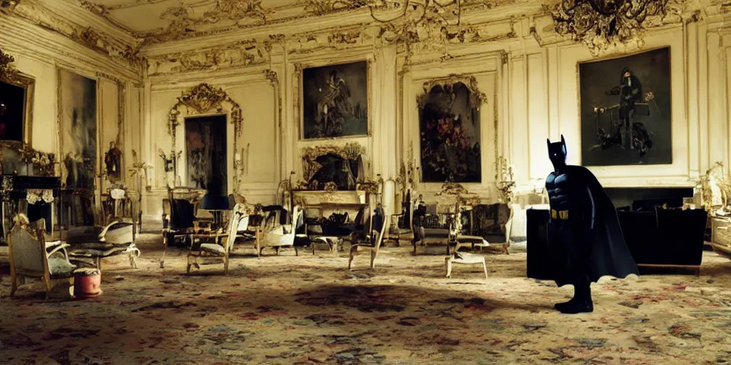 Image similar to Batman standing in giant Italian modern castle living room, photo by Annie Leibovitz