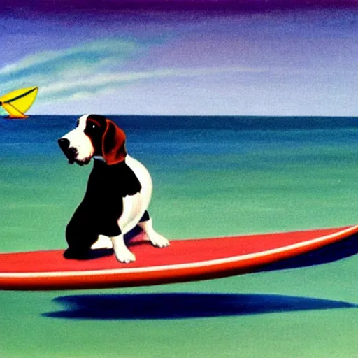 Prompt: a basset hound on a surboard, surfing a barrel wave, in the style of Edward Hopper