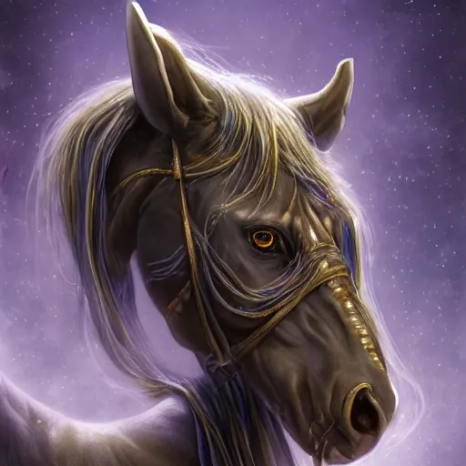 Image similar to a wlop 3 d render of very very very very highly detailed beautiful mystic portrait of a phantom undead horse with whirling galaxy around, tattoos by anton pieck, intricate, extremely detailed, digital painting, artstation, concept art, smooth, sharp focus, illustration, intimidating lighting, incredible art,