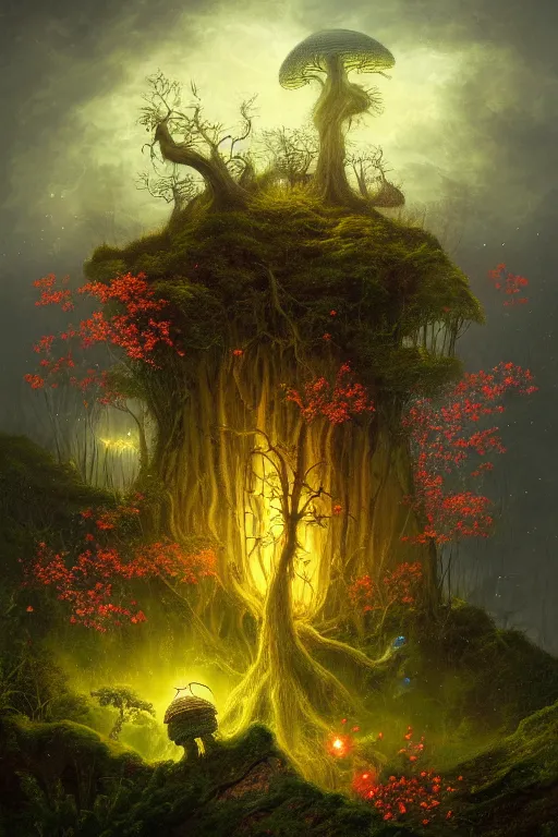 Image similar to a beautiful digital landscape painting of a detailed gothic fantasy fireflies and roots, dark mushroom, flowers by benoit b. mandelbrot, steven belledin, martin johnson heade, lee madgwick, caspar david friedrich, and david rios ferreira. 8 k resolution trending on artstation concept art digital illustration