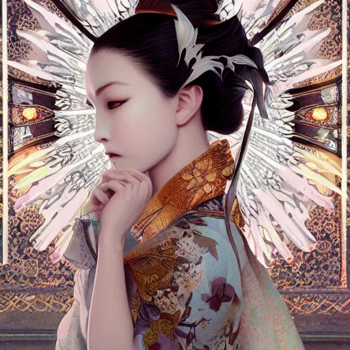 Image similar to a photorealistic dramatic fantasy render of a beautiful woman wearing a beautiful intricately detailed japanese rabbit kitsune mask and clasical japanese kimono by wlop, artgerm, greg rutkowski, alphonse mucha, beautiful dynamic dramatic dark moody lighting, shadows, cinematic atmosphere, artstation, concept design art, octane render, 8 k