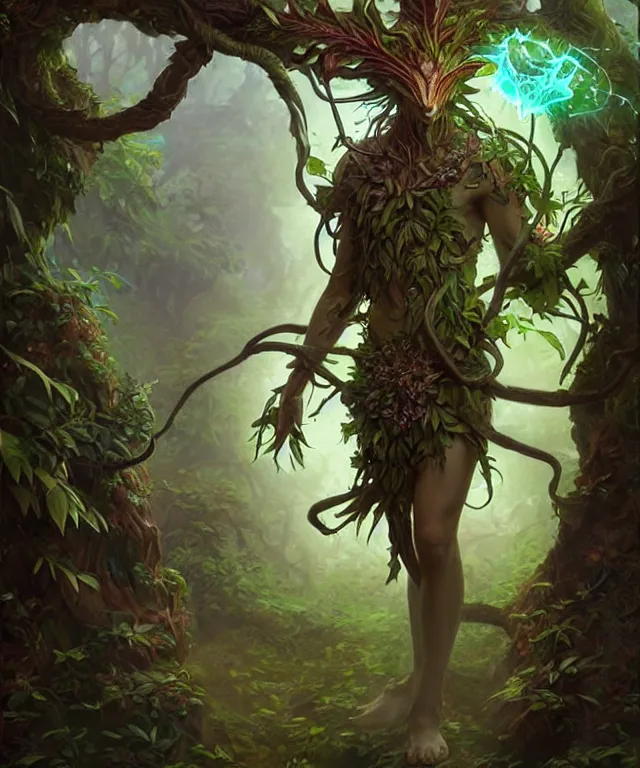 Image similar to a male! spore druid with leaf and vine themed clothing, fully clothed, glowing energy, d & d, fantasy, intricate, cinematic lighting, highly detailed, digital painting, artstation, concept art, smooth, sharp focus, illustration, subject in the middle of the frame, art by artgerm and greg rutkowski and alphonse mucha