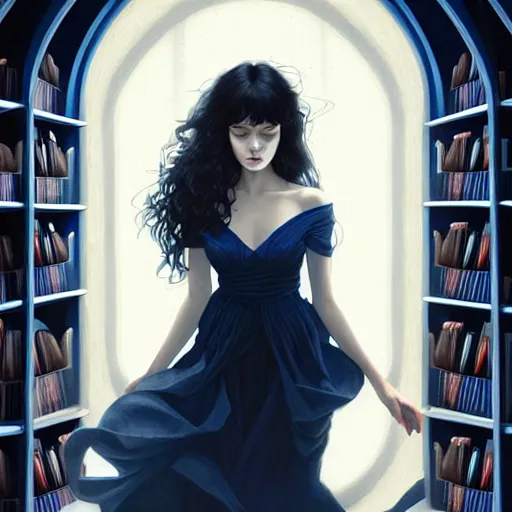 Prompt: portrait of a woman standing in fantasy library, dark blue clothes, black hair, books, flowers, sharp focus, intricate, cinematic lighting, smooth, ultra realistic illustration, high fantasy, elegant, art by scott davidson, albert aublet, krenz cushart, artem demura