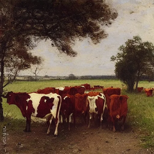 Image similar to a herd of cows on a country road, 1 9 th century painting, anton mauve