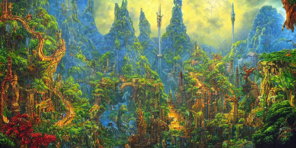 Image similar to fantasy oil painting, regale, fortress mega structure city, atlantis, colossus of rhodes gateway, hybrid, looming, warm lighting, overlooking, epic, lush plants flowers, rainforest mountains, bright clouds, luminous sky, outer worlds, cinematic lighting, michael cheval, michael whelan, oil painting, natural tpose