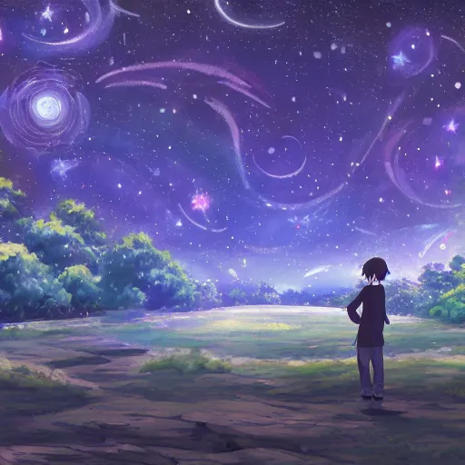 Image similar to Starry night, dreamy world, makoto shinkai, pixiv scenery art, light refraction