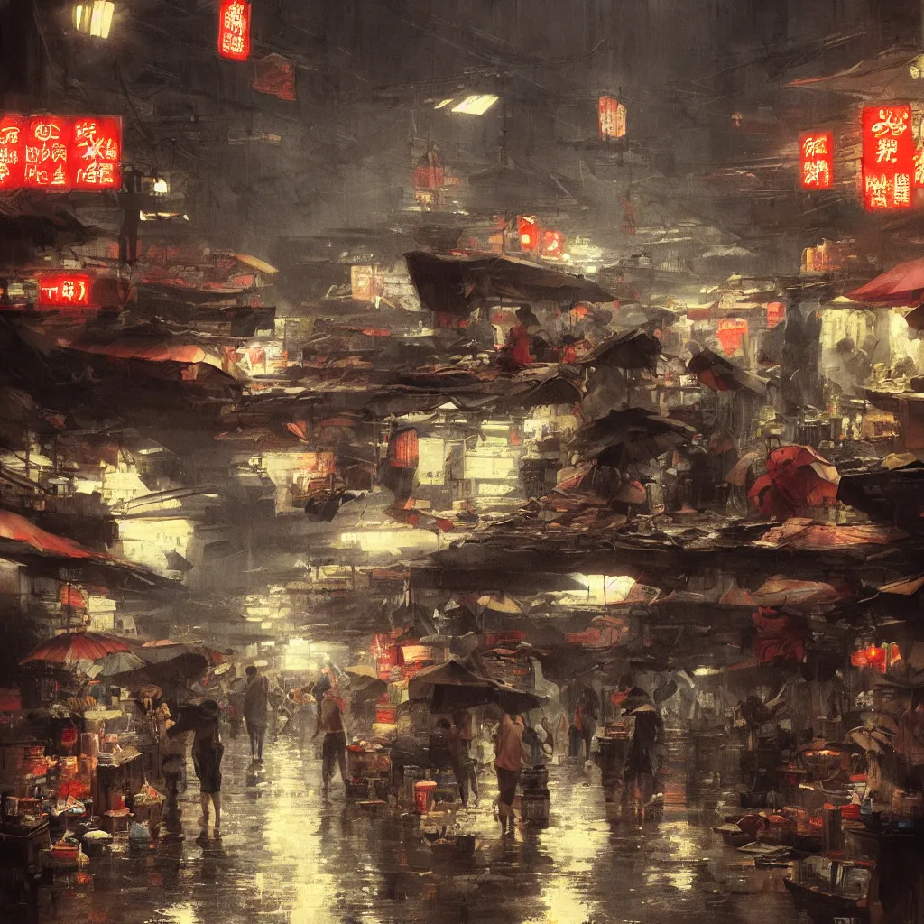 Image similar to an asian wet market at night, by greg rutkowski