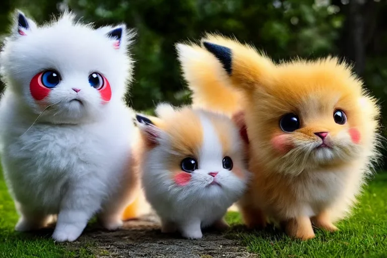 Image similar to real life pokemons, cute!!!, content!!!, mischievous!!!, adorable!!!, little furballs, fluffy!!!, ultra realistic!!!, golden hour, sharp focus