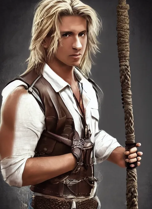 Image similar to a male ranger, dnd, wearing a leather vest and white linen pants, chiseled good looks, long swept back blond hair, puka shell necklace, with a bongo drum and nunchucks, digital art