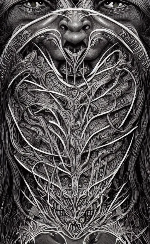 Prompt: Elden Ring themed painting of ancient hybrid majestic aztec shaman fantasy cyber human beautiful symmetrical face angry mask closeup face mask tattoo pattern golden ratio concept, deep forest psytrance Neo-Gothic concept, infinity glyph waves, intricate artwork masterpiece, very coherent artwork, cinematic, full frontal facial features by Artgerm, Takato Yamamoto, Zdizslaw Beksinski, Johnatan Wayshak, Moebius, H.R. Giger, Ayami Kojima, very coherent artwork, trending on cgsociety, ultra high quality model, production quality cinema model, high detail chromatic ink outline, octane render, unreal engine 8k, hyper realism, high detail, octane render, unreal engine, 8k, High contrast