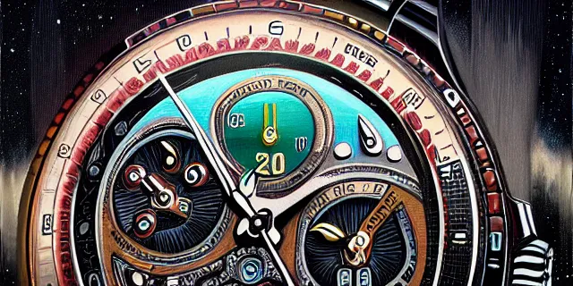 Prompt: painting hyperdetailed rolex watch face designed by dan seagrave and tomasz alen kopera and simon stahlenhag