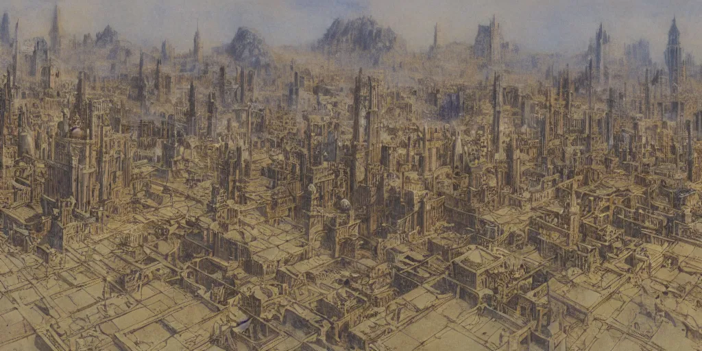 Image similar to a painting of epic fantasy islamic city by alan lee, trending on artstation