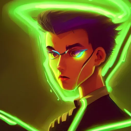 Image similar to a digital matte intricate face illustration concept art, young danny phantom with glowing green eyes cute alt art fashion inspired by charlie bowater and wlop and mark arian and ross tran + neon colors, symmetry, intricate complexity, epic composition, magical atmosphere, highly detailed, cinematic lighting + masterpiece, trending on artstation + 8 k