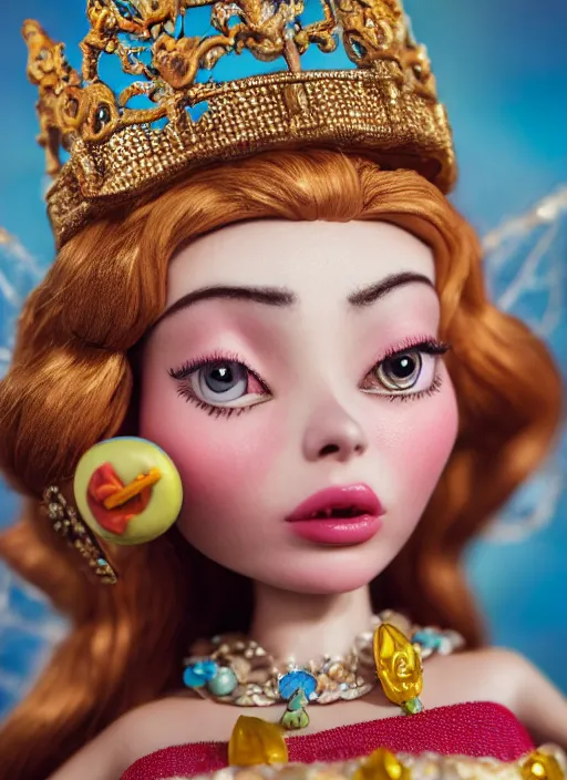 Prompt: closeup face profile portrait of tin toy fairytale princess wearing a crown eating cakes, bikini, depth of field, zeiss lens, detailed, symmetrical, centered, fashion photoshoot, by nicoletta ceccoli, mark ryden, lostfish, breathtaking, 8 k resolution, extremely detailed, beautiful, establishing shot, artistic, hyperrealistic, octane render