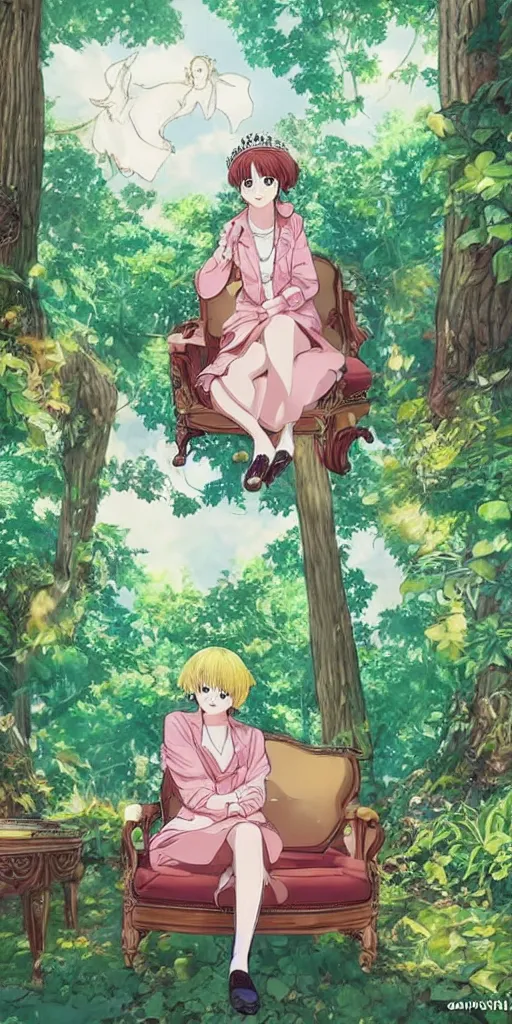 Prompt: the queen of good vibes sitting by herself on a sofa in a forest, drawn by CloverWorks, intricate detail