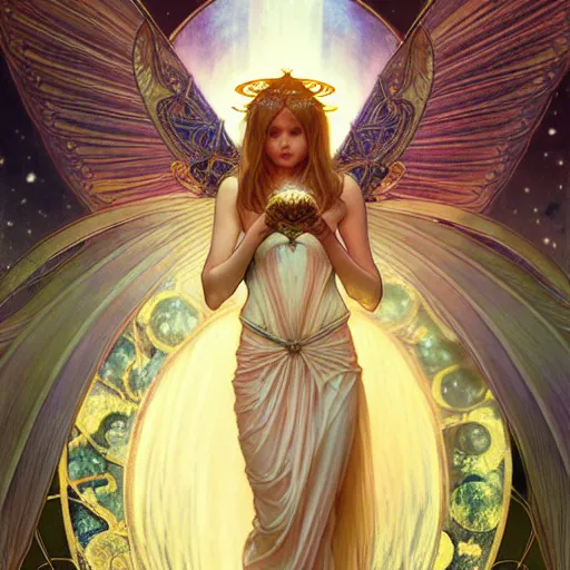 Image similar to Tarot card of an angel girl with glowing halo and highly detailed intricate wings, art nouveau, fantasy, intricate, elegant, highly detailed, digital painting, artstation, concept art, smooth, sharp focus, illustration, art by Krenz Cushart and Artem Demura and alphonse mucha