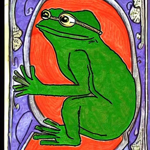 Image similar to pepe the frog medieval illuminated manuscript