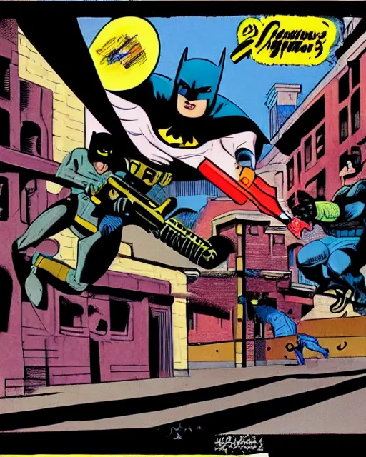 Image similar to batman firing supersoaker watergun at criminals in an alleyway, illustrated by jack kirby