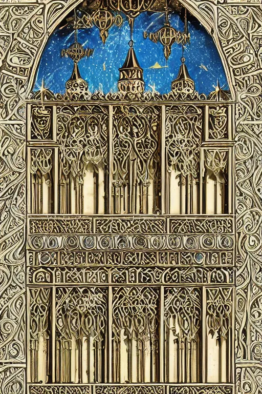 Image similar to ancient silver tower of the moon, fairytale illustration, elaborate carved wood balconies, tall windows, moorish architecture, formal gardens, dramatic cinematic lighting, beautiful moths, soft colors, golden age illustrator