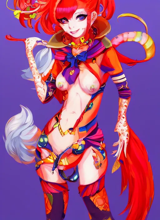 Prompt: a colorful and vibrant and provenance beautiful fox lady, official genshin impact character concept, anime, kawaii, full - body portrait, by artgerm, professional character designer, trending on artstation, highly detailed, cgsociety