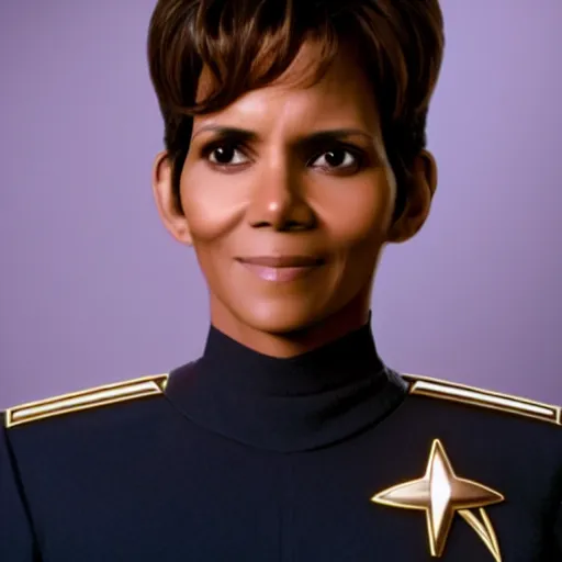 Image similar to a beautiful full body photograph of halle berry as a star fleet admiral from star trek next generation, full dress uniform, symmetrical face, extreme realism and detail, 8 k, completely framed, direct lighting, 3 5 mm photo, photorealistic, sharp focus