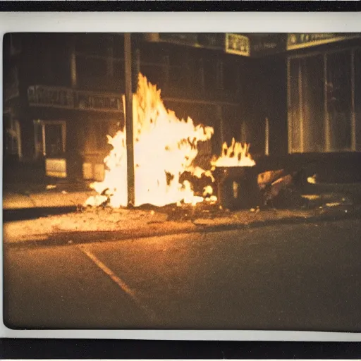 Prompt: a dark polaroid shot with a fire on an empty parking