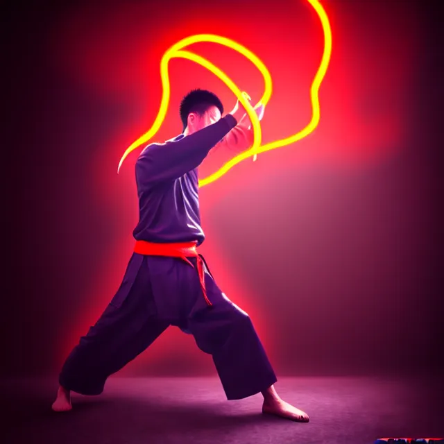 Image similar to wing chun practice supreme thunder fist, detailed wing chun form, fighting stance, shanghai, cinematic neon uplighting, fog mist smoke, photorealistic, night photography by tomino - sama