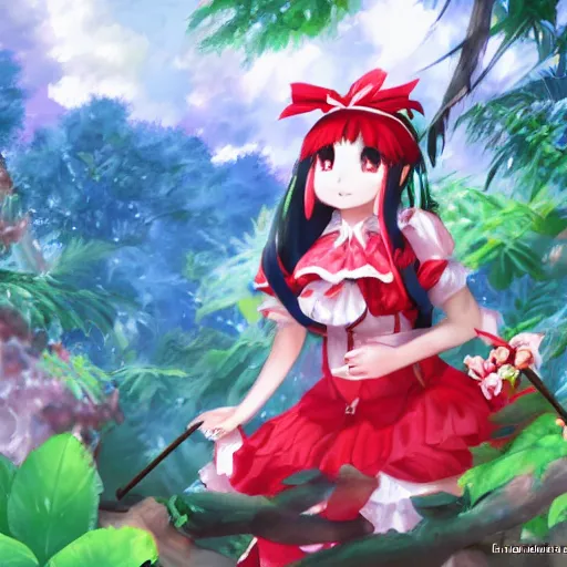 Image similar to a pixiv fantasia of reimu in the jungle wearing bonnet