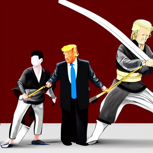 Image similar to donald trump fighting joe biden with samurai swords