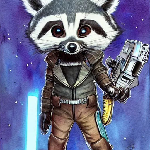 Image similar to racoon holding a laser gun, guardians of the galaxy style, centered award winning watercolor pen drawing, by caroline choi, edited by range murata