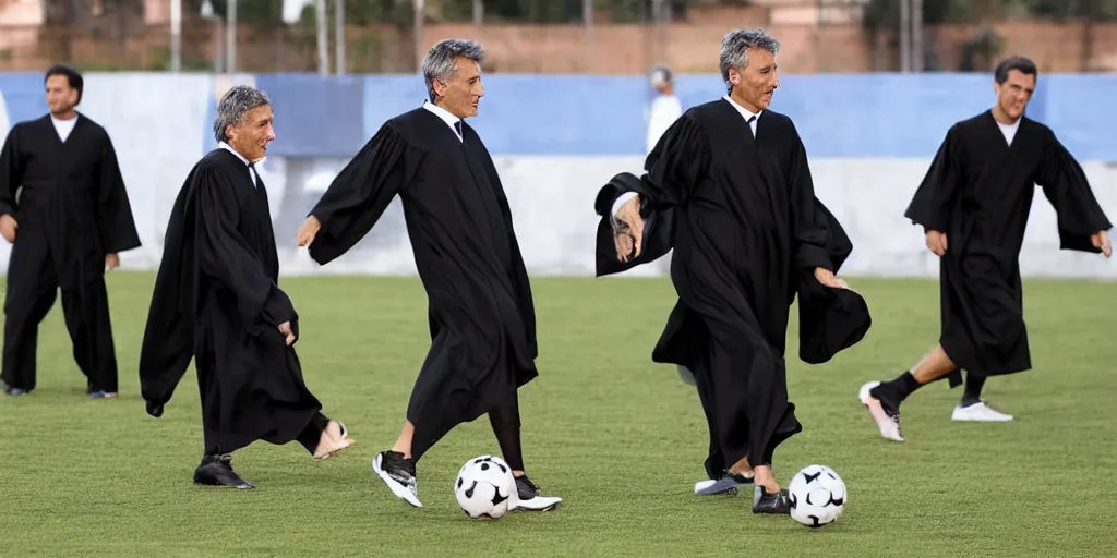 Image similar to Mauricio Macri and judges in black robes playing football