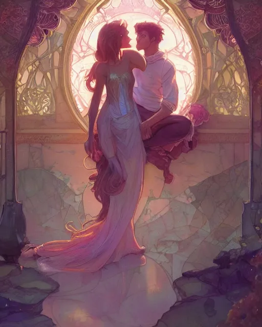 Image similar to secret romance, highly detailed,, gold filigree, romantic storybook fantasy, soft cinematic lighting, award, disney concept art watercolor illustration by mandy jurgens and alphonse mucha and alena aenami, pastel color palette, featured on artstation