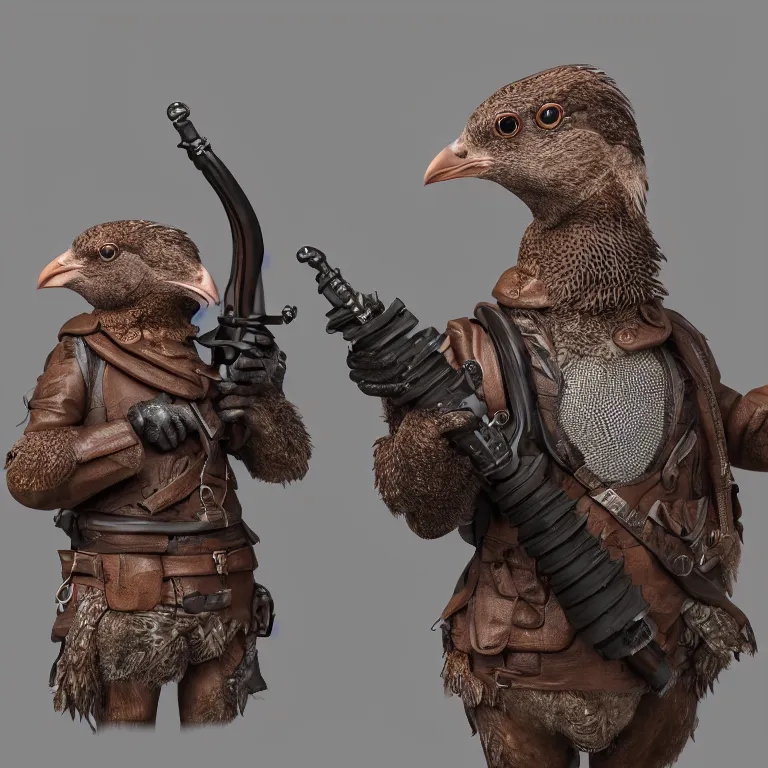 Image similar to a 3 d model of a grouse holding a blunderbuss, studio lighting, octane render, hyper detailed, product photography, 8 k, highly detailed