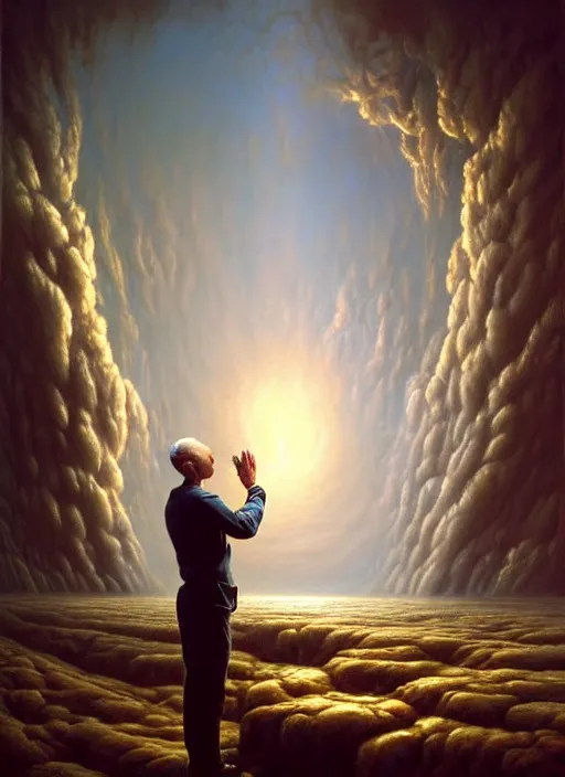 Prompt: a hyper - detailed 3 d render like a oil painting of god speaking with his creation, surrealism!!!!! surreal concept art, lifelike, photorealistic, digital painting, aesthetic, smooth, sharp focus, artstation hd, by greg rutkowski, chris tulloch mccabe, valentina remenar and asher duran,