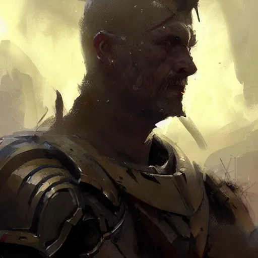 Prompt: Portrait painting of a paladin by greg rutkowski and Craig Mullins, Dark atmospheric and cinematic lighting