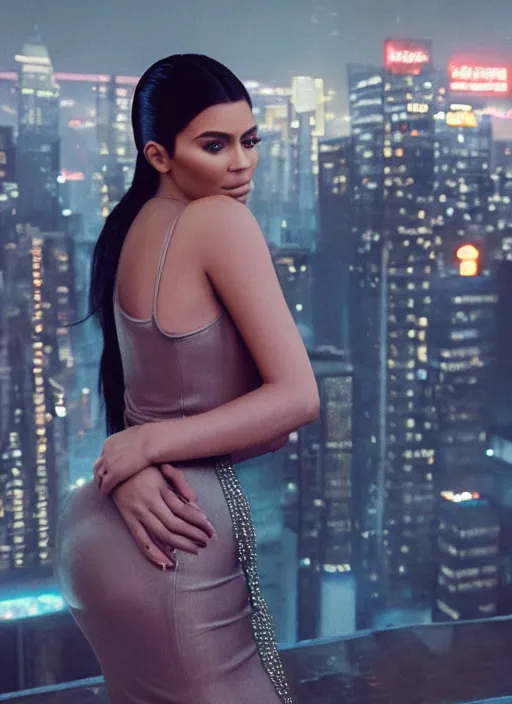 Image similar to film still of kylie Jenner hugging kim kardashian romanticly, scenic cyberpunk city backround, cinematic lighting, cinematic