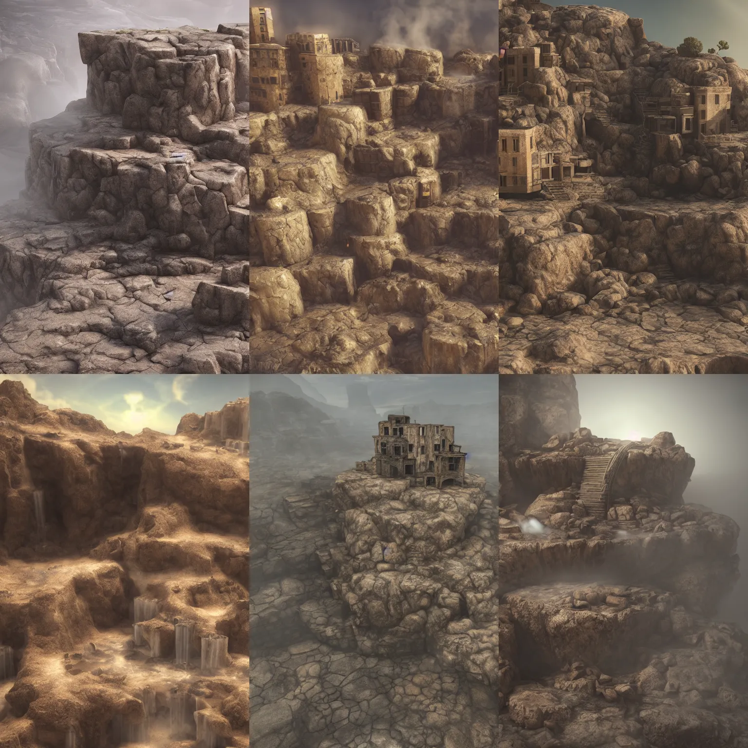 Prompt: a building on its own in the centre of a very barren rocky desert, water cascades down the sides of the building, water evaporating into steam when it hits the hot sand, soft lighting,, misty, trending on art station, global illumination, radiant light, detailed and intricate environment