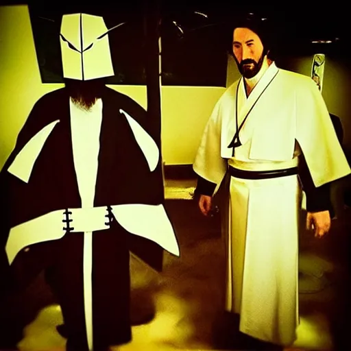Image similar to Keanu Reeves “Samurai Jack” cosplay sword fight for Pope Jack Blacks entertainment