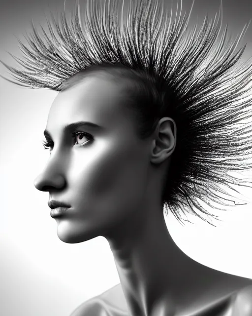 Prompt: a black and white 3D render of a beautiful portrait of a young female angelic-dragon-cyborg face with a very long neck, big clear eyes, thin nose, big lips, hair floating in the wind, 150 mm, flowers, Mandelbrot fractal, anatomical, flesh, facial muscles, veins, arteries, full frame, microscopic, elegant, highly detailed, flesh ornate, elegant, high fashion, rim light, ray trace, octane render in the style of H.R. Giger and Man Ray, Realistic, Refined, Digital Art, Highly Detailed, Cinematic Lighting, rim light, black and white, photo-realistic Unreal Engine, 8K