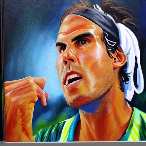 Image similar to a painting on a stand of tennis player nadal