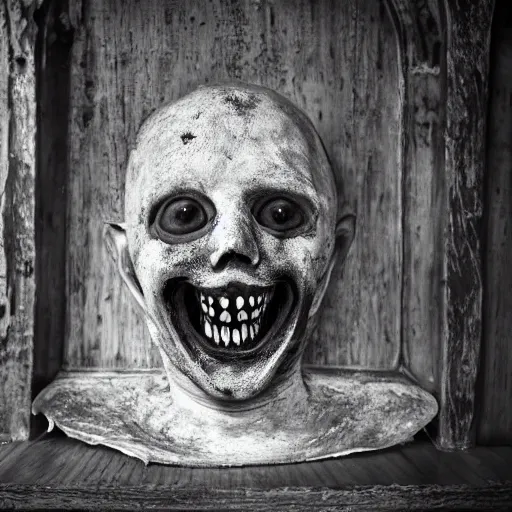 Image similar to photography, horror, a rotting undead corpse wears a wax mask of a healthy, smiling face to conceal the decomposing face beneath, disturbing, dusk, medieval tavern