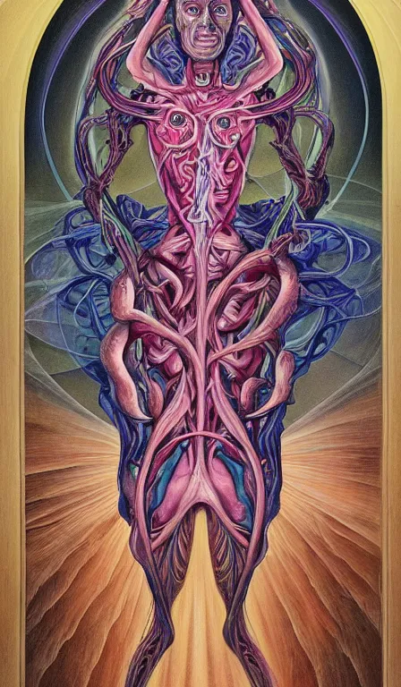 Image similar to a biomorphic painting of the hierophant tarot card! a anatomical medical illustration by nychos and alex grey, cgsociety, neo - figurative, pastel blues and pinks, detailed painting, rococo, oil on canvas, lovecraftian