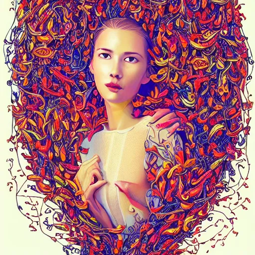 Image similar to the portrait of an unbelievably beautiful and sophisticated young woman made up of peppers looking up, an ultrafine detailed illustration by james jean, intricate linework, bright colors, final fantasy, behance contest winner, vanitas, angular, altermodern, unreal engine 5 highly rendered, global illumination, radiant light, detailed and intricate environment