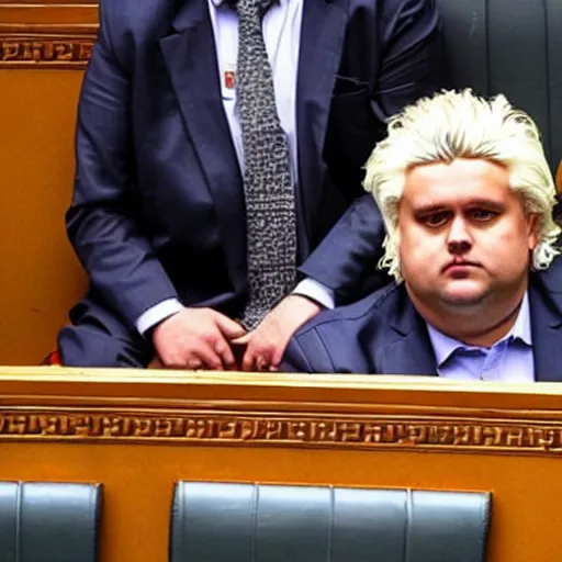 Prompt: obese geert wilders sitting in parliament bench