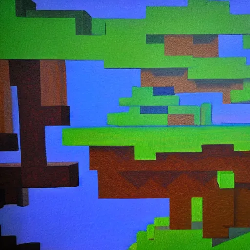 Image similar to minecraft landscape, painting, acrylic