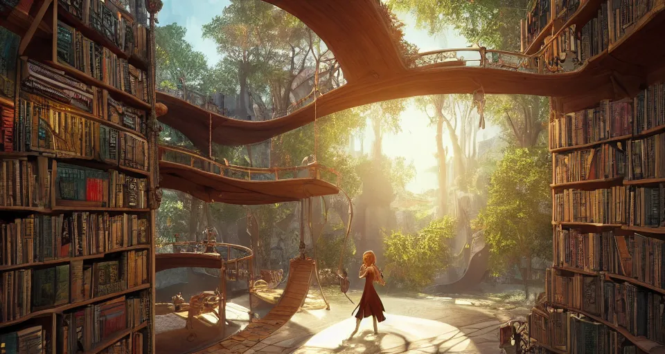 Image similar to A scene from a 2022 fantasy film featuring a cozy art nouveau reading nook inside a fantasy treehouse city. Suspended walkways. Disorganized ancient books. Golden Hour. 8K UHD.