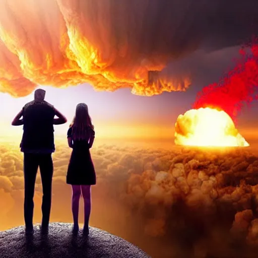 Image similar to a young couple watching a nuclear explosion, romantic, mushroom cloud, uplifting, happy, apocalytic detailed digital matte painting