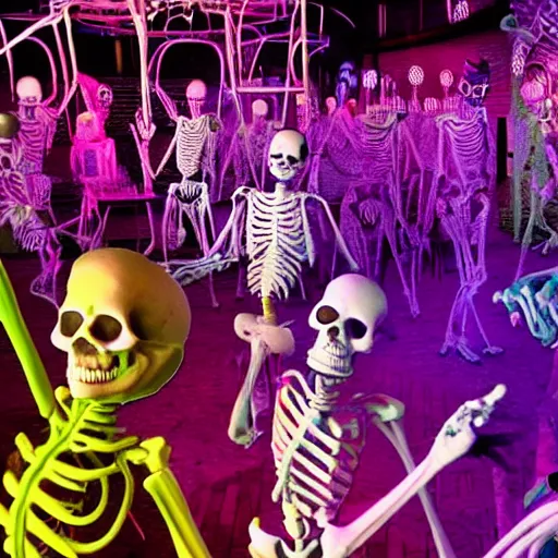 Prompt: photo, a giant crowd of realistic anatomically correct claymation skeletons dancing sensually and cool inside a colorful futuristic night club, colorful dramatic unique lighting